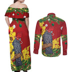 Australia Gang-gang Cockatoo Christmas Couples Matching Off Shoulder Maxi Dress and Long Sleeve Button Shirt Callocephalon Fimbriatum Golden Wattle Red - Aussie Hoodie