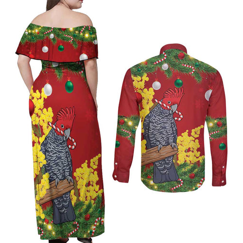 Australia Gang-gang Cockatoo Christmas Couples Matching Off Shoulder Maxi Dress and Long Sleeve Button Shirt Callocephalon Fimbriatum Golden Wattle Red - Aussie Hoodie