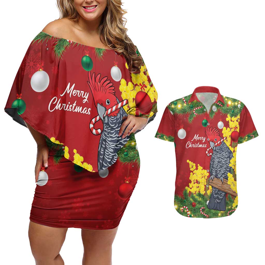 Australia Gang-gang Cockatoo Christmas Couples Matching Off Shoulder Short Dress and Hawaiian Shirt Callocephalon Fimbriatum Golden Wattle Red - Aussie Hoodie