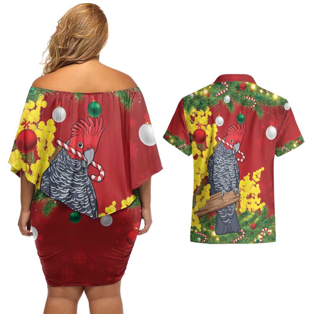 Australia Gang-gang Cockatoo Christmas Couples Matching Off Shoulder Short Dress and Hawaiian Shirt Callocephalon Fimbriatum Golden Wattle Red - Aussie Hoodie