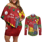 Australia Gang-gang Cockatoo Christmas Couples Matching Off Shoulder Short Dress and Long Sleeve Button Shirt Callocephalon Fimbriatum Golden Wattle Red - Aussie Hoodie
