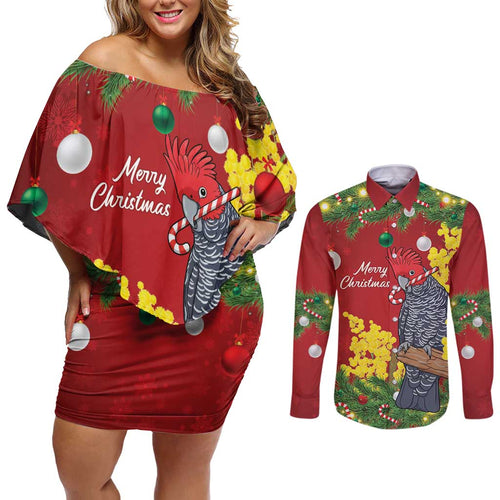 Australia Gang-gang Cockatoo Christmas Couples Matching Off Shoulder Short Dress and Long Sleeve Button Shirt Callocephalon Fimbriatum Golden Wattle Red - Aussie Hoodie