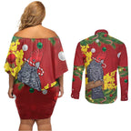 Australia Gang-gang Cockatoo Christmas Couples Matching Off Shoulder Short Dress and Long Sleeve Button Shirt Callocephalon Fimbriatum Golden Wattle Red - Aussie Hoodie