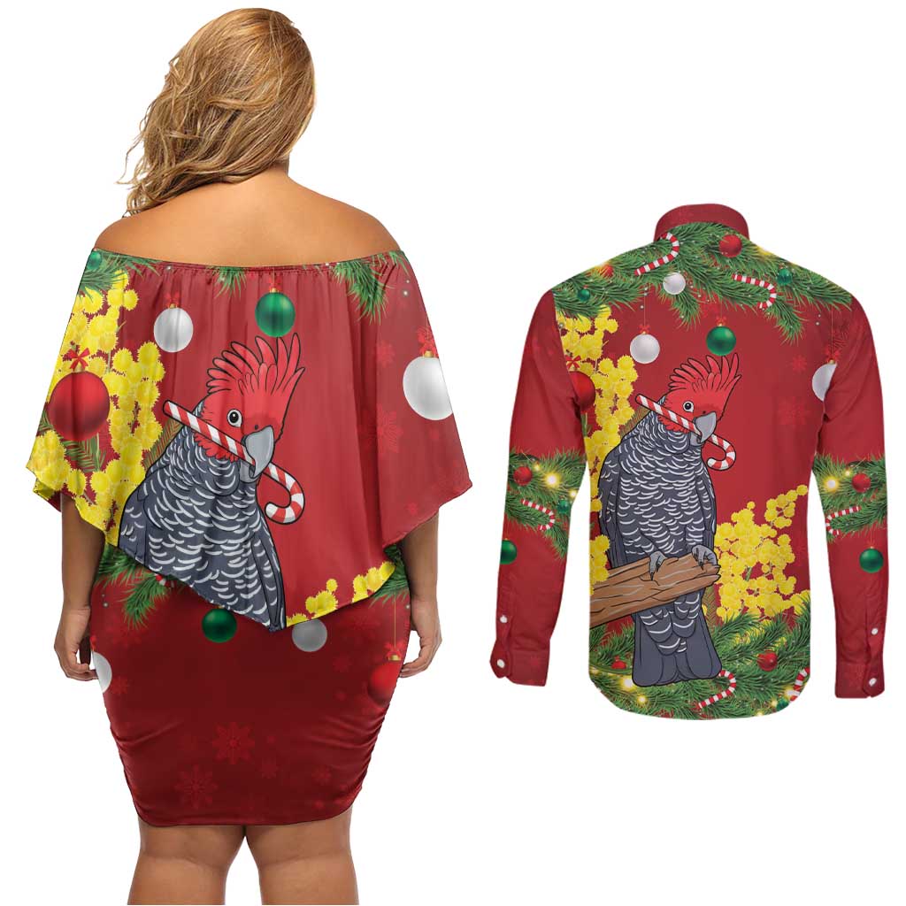 Australia Gang-gang Cockatoo Christmas Couples Matching Off Shoulder Short Dress and Long Sleeve Button Shirt Callocephalon Fimbriatum Golden Wattle Red - Aussie Hoodie