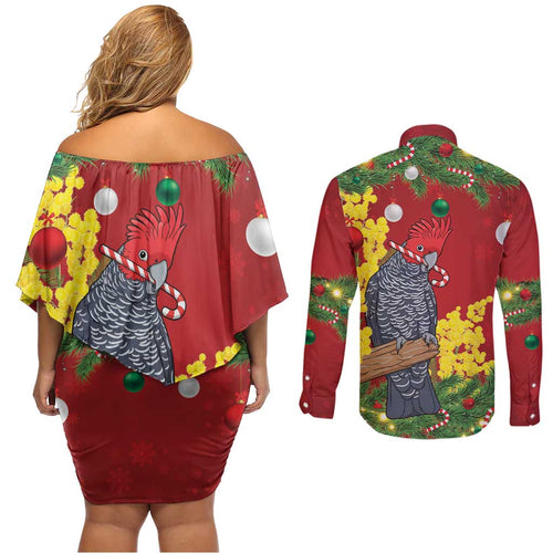 Australia Gang-gang Cockatoo Christmas Couples Matching Off Shoulder Short Dress and Long Sleeve Button Shirt Callocephalon Fimbriatum Golden Wattle Red - Aussie Hoodie