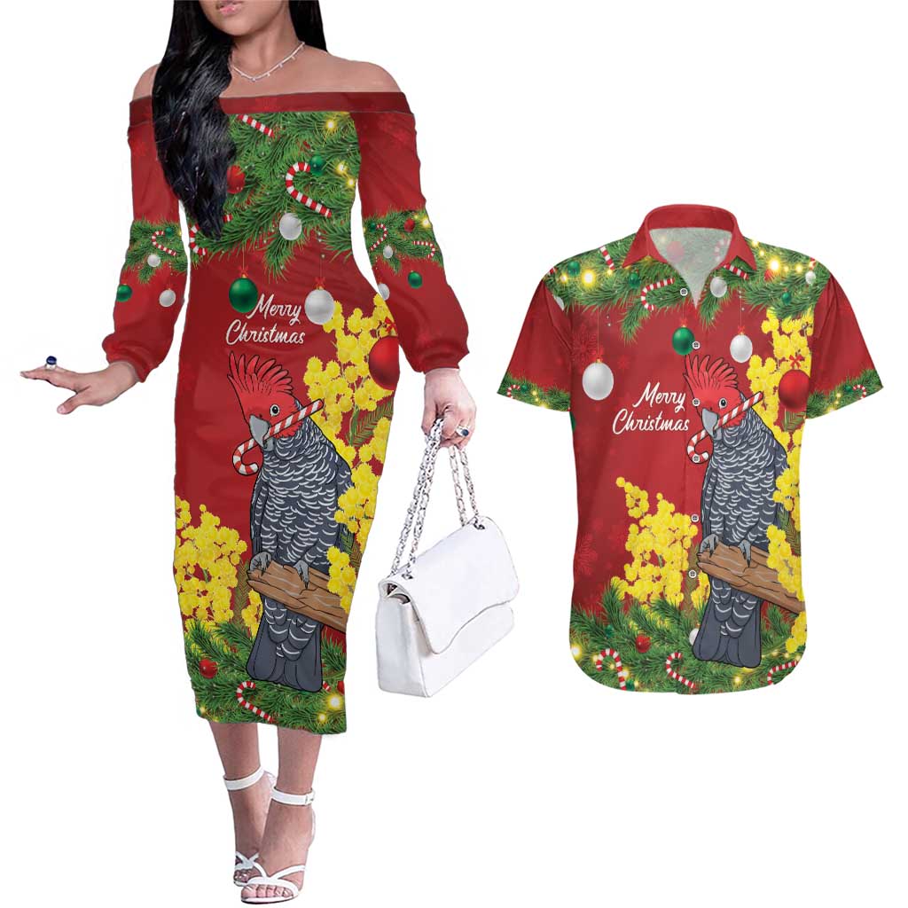 Australia Gang-gang Cockatoo Christmas Couples Matching Off The Shoulder Long Sleeve Dress and Hawaiian Shirt Callocephalon Fimbriatum Golden Wattle Red - Aussie Hoodie