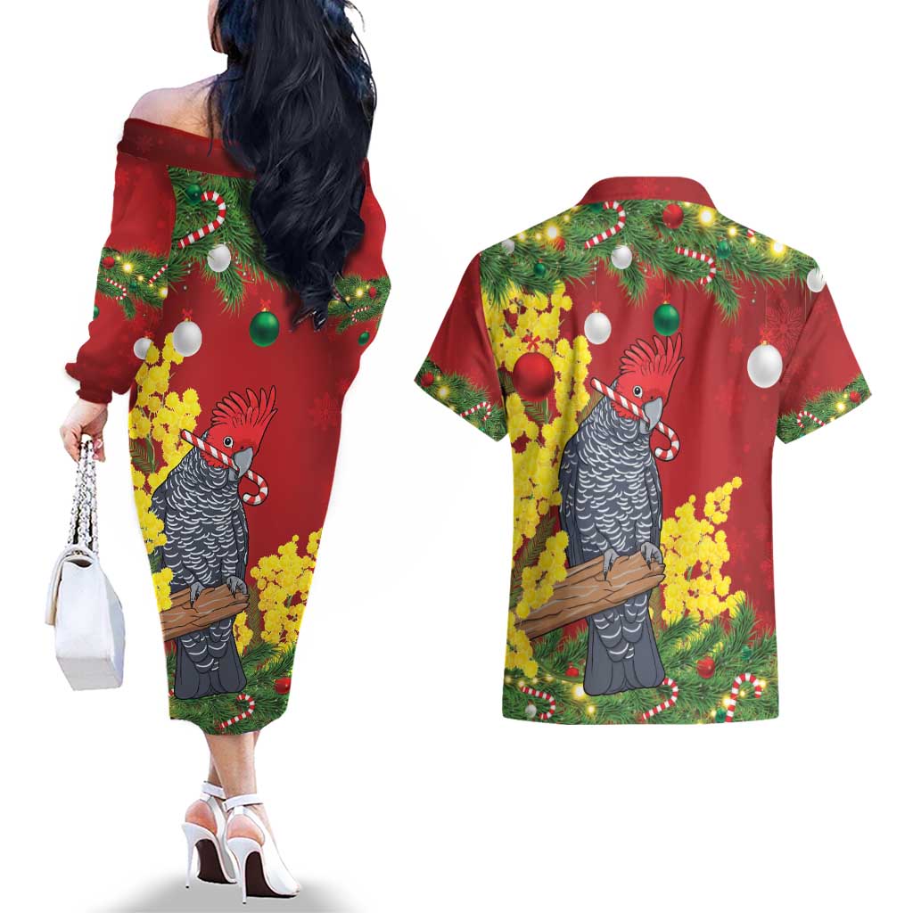Australia Gang-gang Cockatoo Christmas Couples Matching Off The Shoulder Long Sleeve Dress and Hawaiian Shirt Callocephalon Fimbriatum Golden Wattle Red - Aussie Hoodie