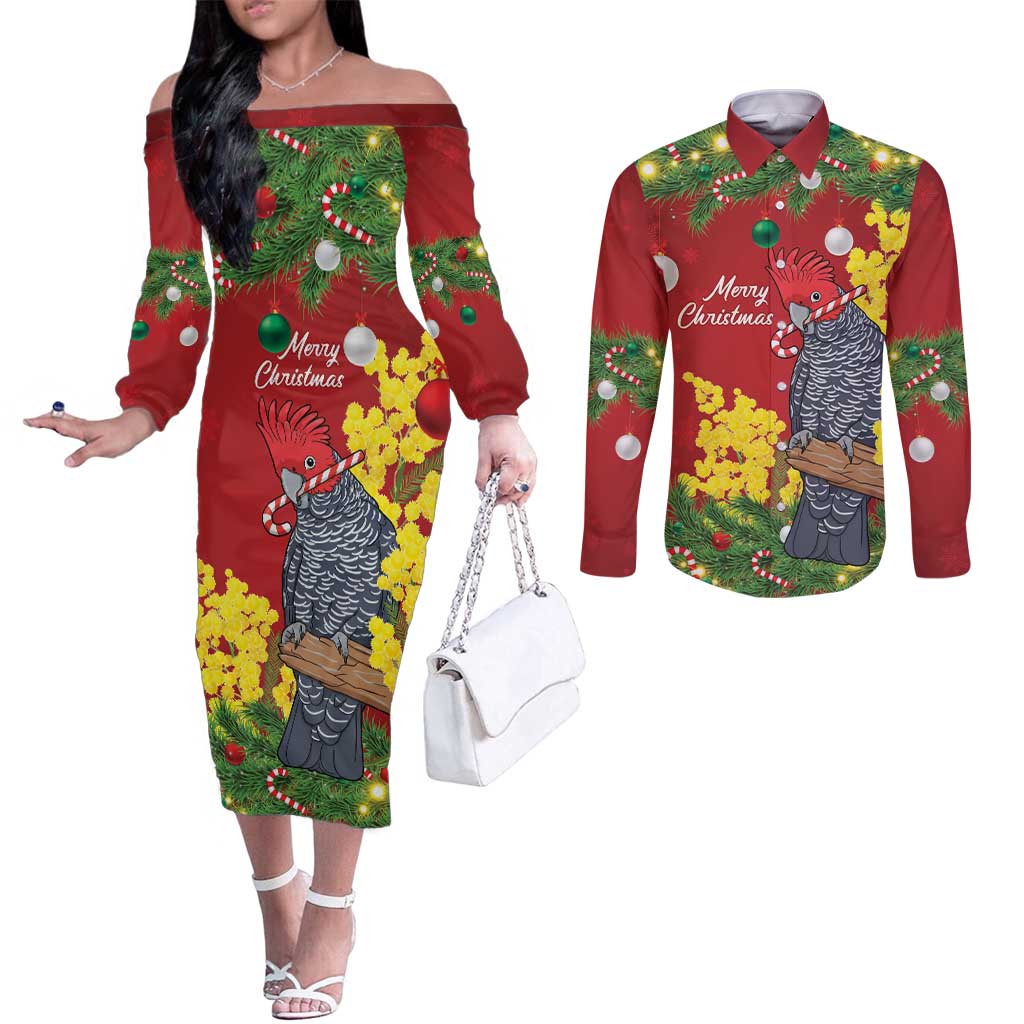 Australia Gang-gang Cockatoo Christmas Couples Matching Off The Shoulder Long Sleeve Dress and Long Sleeve Button Shirt Callocephalon Fimbriatum Golden Wattle Red - Aussie Hoodie