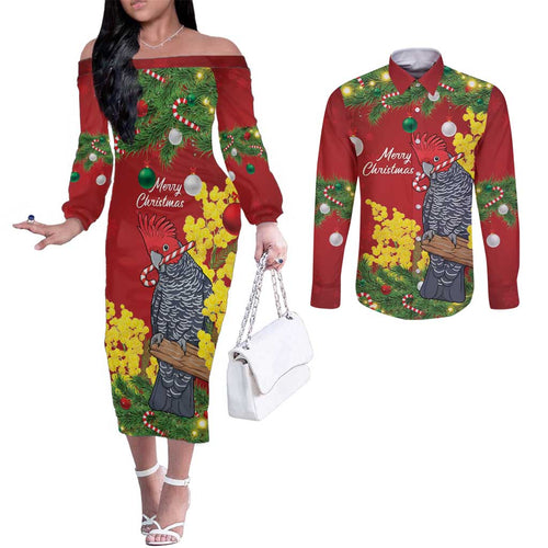 Australia Gang-gang Cockatoo Christmas Couples Matching Off The Shoulder Long Sleeve Dress and Long Sleeve Button Shirt Callocephalon Fimbriatum Golden Wattle Red - Aussie Hoodie