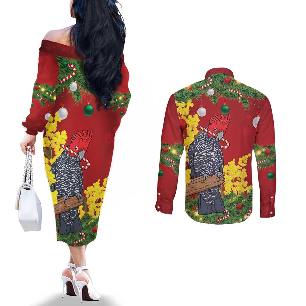Australia Gang-gang Cockatoo Christmas Couples Matching Off The Shoulder Long Sleeve Dress and Long Sleeve Button Shirt Callocephalon Fimbriatum Golden Wattle Red - Aussie Hoodie
