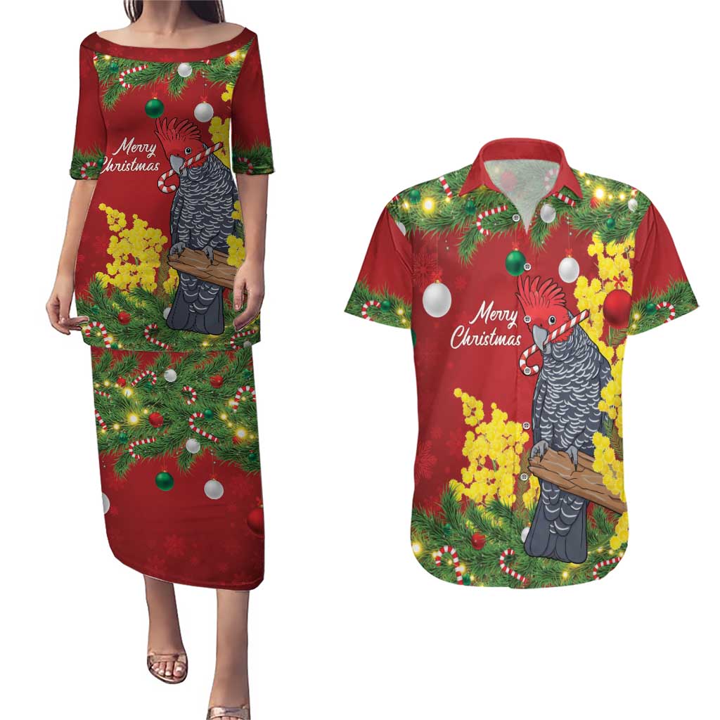 Australia Gang-gang Cockatoo Christmas Couples Matching Puletasi and Hawaiian Shirt Callocephalon Fimbriatum Golden Wattle Red - Aussie Hoodie