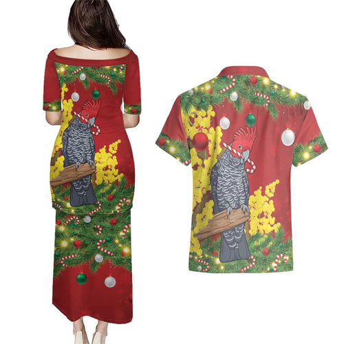 Australia Gang-gang Cockatoo Christmas Couples Matching Puletasi and Hawaiian Shirt Callocephalon Fimbriatum Golden Wattle Red - Aussie Hoodie