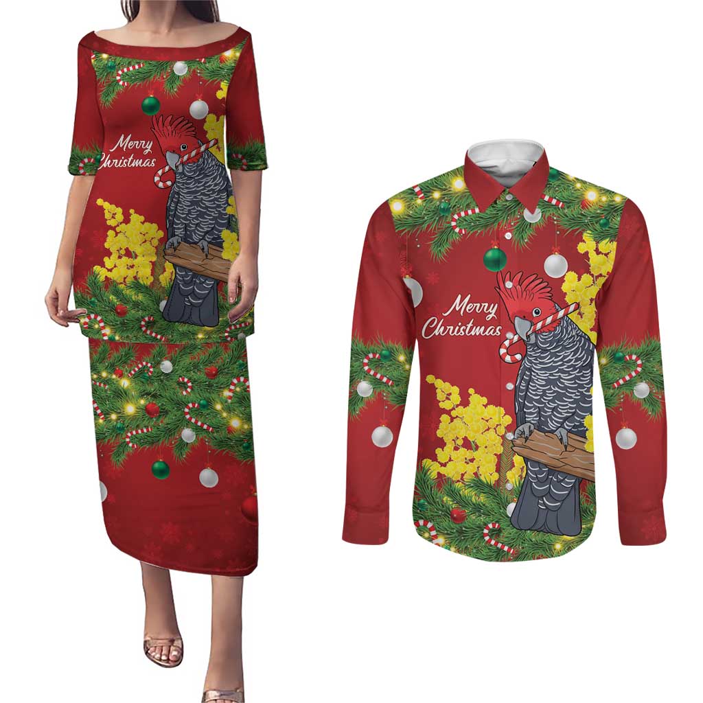Australia Gang-gang Cockatoo Christmas Couples Matching Puletasi and Long Sleeve Button Shirt Callocephalon Fimbriatum Golden Wattle Red - Aussie Hoodie