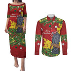 Australia Gang-gang Cockatoo Christmas Couples Matching Puletasi and Long Sleeve Button Shirt Callocephalon Fimbriatum Golden Wattle Red - Aussie Hoodie