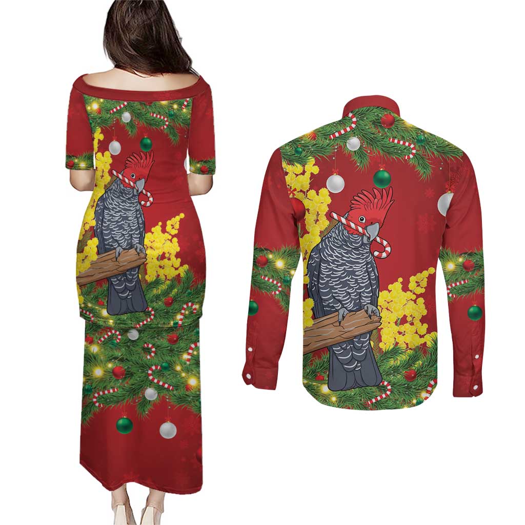Australia Gang-gang Cockatoo Christmas Couples Matching Puletasi and Long Sleeve Button Shirt Callocephalon Fimbriatum Golden Wattle Red - Aussie Hoodie