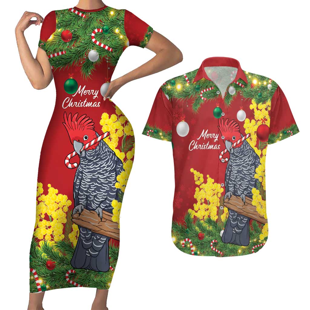 Australia Gang-gang Cockatoo Christmas Couples Matching Short Sleeve Bodycon Dress and Hawaiian Shirt Callocephalon Fimbriatum Golden Wattle Red - Aussie Hoodie