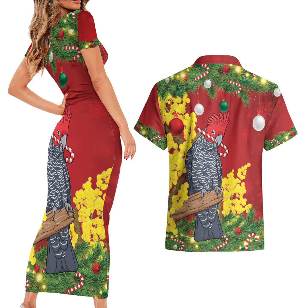 Australia Gang-gang Cockatoo Christmas Couples Matching Short Sleeve Bodycon Dress and Hawaiian Shirt Callocephalon Fimbriatum Golden Wattle Red - Aussie Hoodie