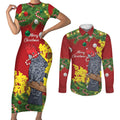 Australia Gang-gang Cockatoo Christmas Couples Matching Short Sleeve Bodycon Dress and Long Sleeve Button Shirt Callocephalon Fimbriatum Golden Wattle Red - Aussie Hoodie