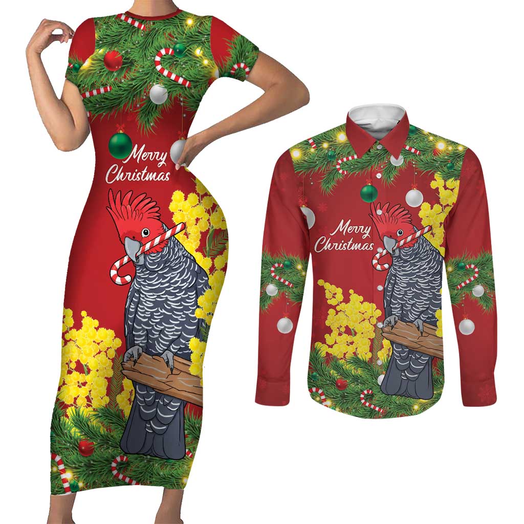 Australia Gang-gang Cockatoo Christmas Couples Matching Short Sleeve Bodycon Dress and Long Sleeve Button Shirt Callocephalon Fimbriatum Golden Wattle Red - Aussie Hoodie