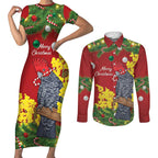Australia Gang-gang Cockatoo Christmas Couples Matching Short Sleeve Bodycon Dress and Long Sleeve Button Shirt Callocephalon Fimbriatum Golden Wattle Red - Aussie Hoodie