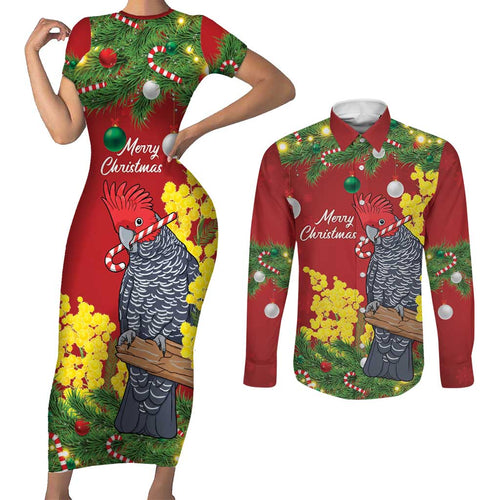 Australia Gang-gang Cockatoo Christmas Couples Matching Short Sleeve Bodycon Dress and Long Sleeve Button Shirt Callocephalon Fimbriatum Golden Wattle Red - Aussie Hoodie