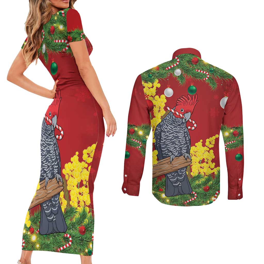 Australia Gang-gang Cockatoo Christmas Couples Matching Short Sleeve Bodycon Dress and Long Sleeve Button Shirt Callocephalon Fimbriatum Golden Wattle Red - Aussie Hoodie
