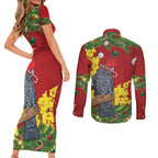 Australia Gang-gang Cockatoo Christmas Couples Matching Short Sleeve Bodycon Dress and Long Sleeve Button Shirt Callocephalon Fimbriatum Golden Wattle Red - Aussie Hoodie