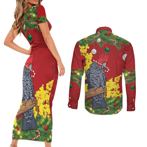 Australia Gang-gang Cockatoo Christmas Couples Matching Short Sleeve Bodycon Dress and Long Sleeve Button Shirt Callocephalon Fimbriatum Golden Wattle Red - Aussie Hoodie