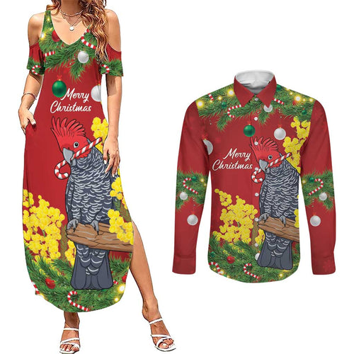 Australia Gang-gang Cockatoo Christmas Couples Matching Summer Maxi Dress and Long Sleeve Button Shirt Callocephalon Fimbriatum Golden Wattle Red - Aussie Hoodie