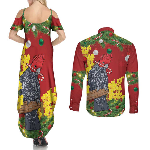 Australia Gang-gang Cockatoo Christmas Couples Matching Summer Maxi Dress and Long Sleeve Button Shirt Callocephalon Fimbriatum Golden Wattle Red - Aussie Hoodie