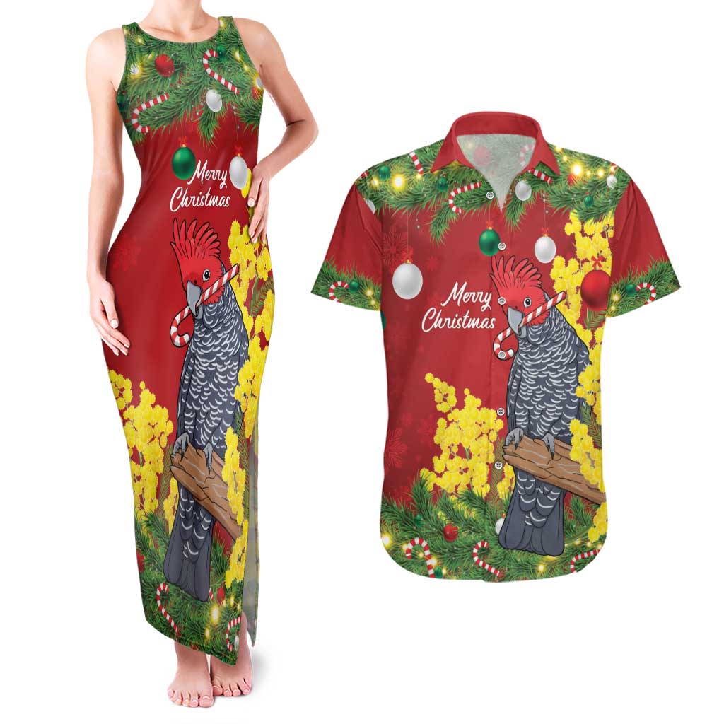 Australia Gang-gang Cockatoo Christmas Couples Matching Tank Maxi Dress and Hawaiian Shirt Callocephalon Fimbriatum Golden Wattle Red - Aussie Hoodie