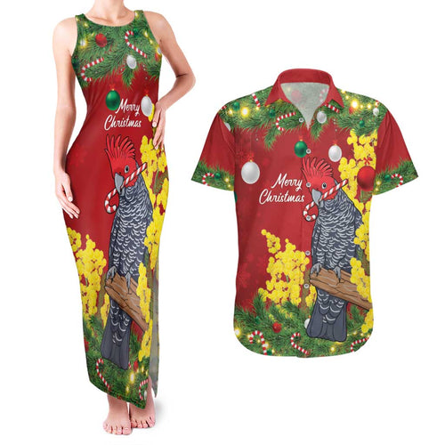 Australia Gang-gang Cockatoo Christmas Couples Matching Tank Maxi Dress and Hawaiian Shirt Callocephalon Fimbriatum Golden Wattle Red - Aussie Hoodie