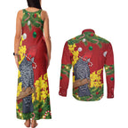 Australia Gang-gang Cockatoo Christmas Couples Matching Tank Maxi Dress and Long Sleeve Button Shirt Callocephalon Fimbriatum Golden Wattle Red - Aussie Hoodie