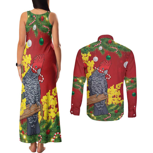 Australia Gang-gang Cockatoo Christmas Couples Matching Tank Maxi Dress and Long Sleeve Button Shirt Callocephalon Fimbriatum Golden Wattle Red - Aussie Hoodie