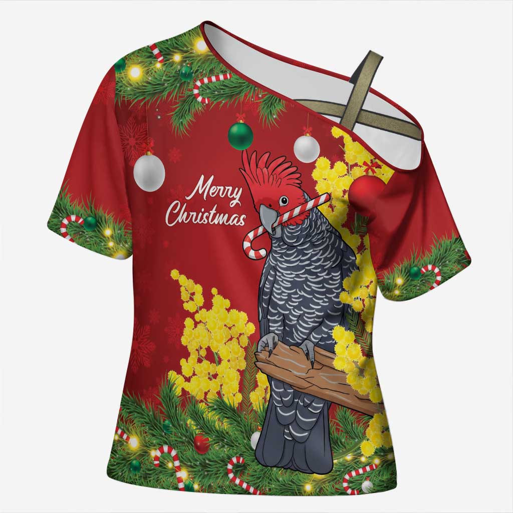 Australia Gang-gang Cockatoo Christmas Cross Shoulder Shirt Callocephalon Fimbriatum Golden Wattle Red - Aussie Hoodie