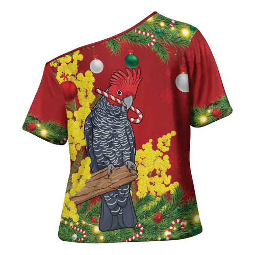 Australia Gang-gang Cockatoo Christmas Cross Shoulder Shirt Callocephalon Fimbriatum Golden Wattle Red - Aussie Hoodie