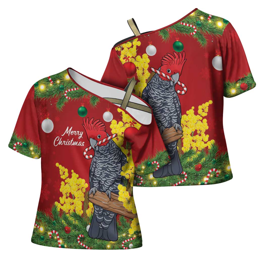 Australia Gang-gang Cockatoo Christmas Cross Shoulder Shirt Callocephalon Fimbriatum Golden Wattle Red - Aussie Hoodie