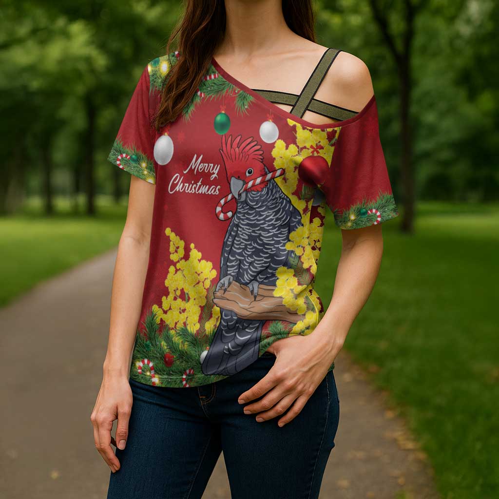 Australia Gang-gang Cockatoo Christmas Cross Shoulder Shirt Callocephalon Fimbriatum Golden Wattle Red - Aussie Hoodie