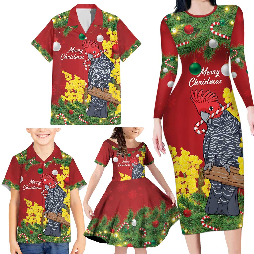 Australia Gang-gang Cockatoo Christmas Family Matching Long Sleeve Bodycon Dress and Hawaiian Shirt Callocephalon Fimbriatum Golden Wattle Red - Aussie Hoodie