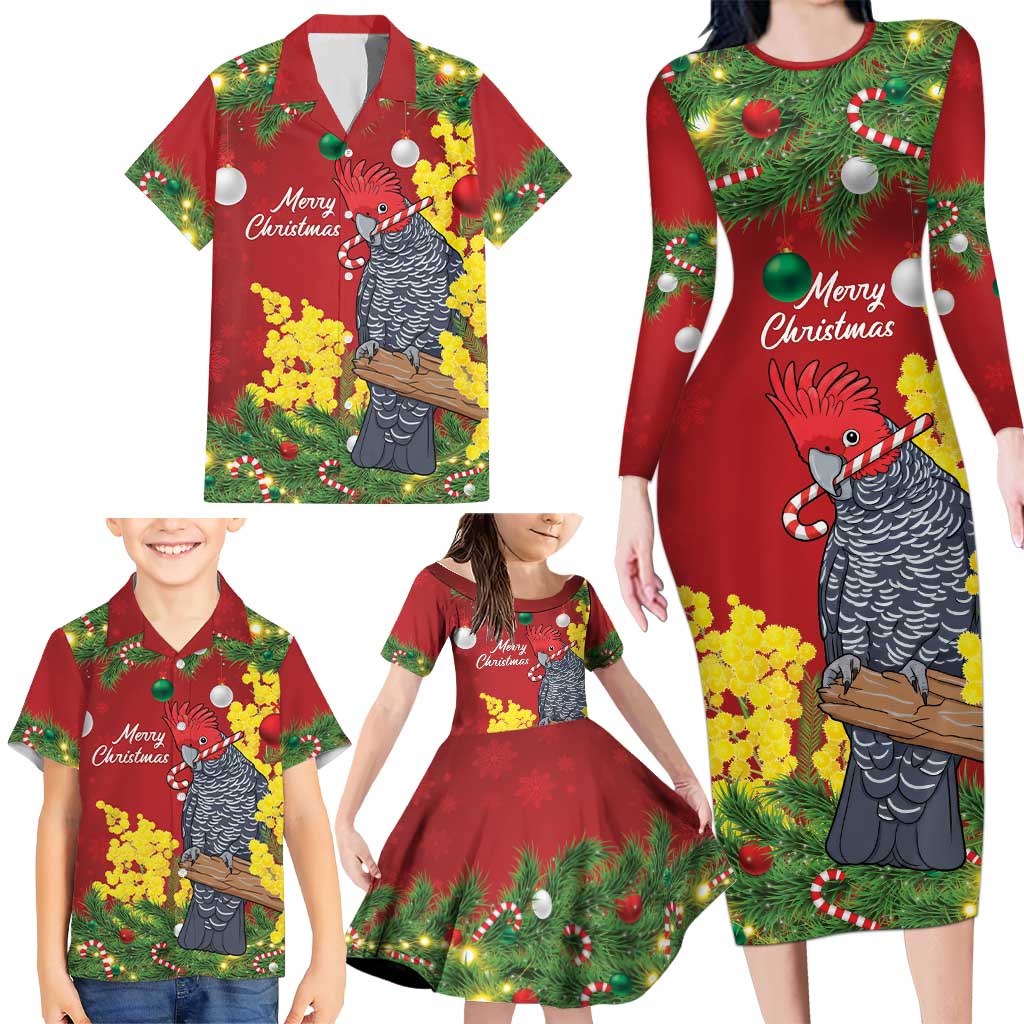 Australia Gang-gang Cockatoo Christmas Family Matching Long Sleeve Bodycon Dress and Hawaiian Shirt Callocephalon Fimbriatum Golden Wattle Red - Aussie Hoodie
