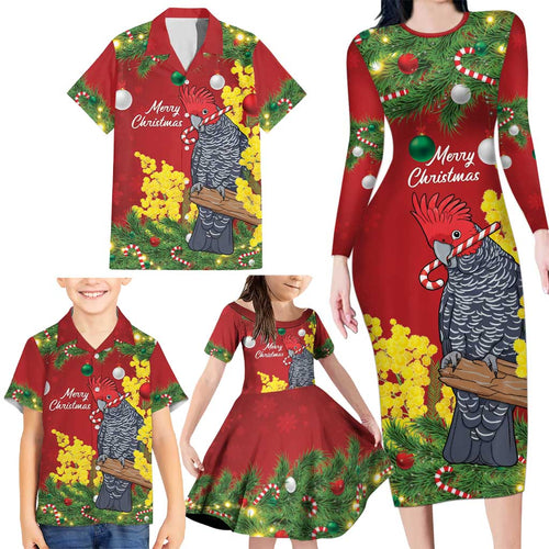 Australia Gang-gang Cockatoo Christmas Family Matching Long Sleeve Bodycon Dress and Hawaiian Shirt Callocephalon Fimbriatum Golden Wattle Red - Aussie Hoodie