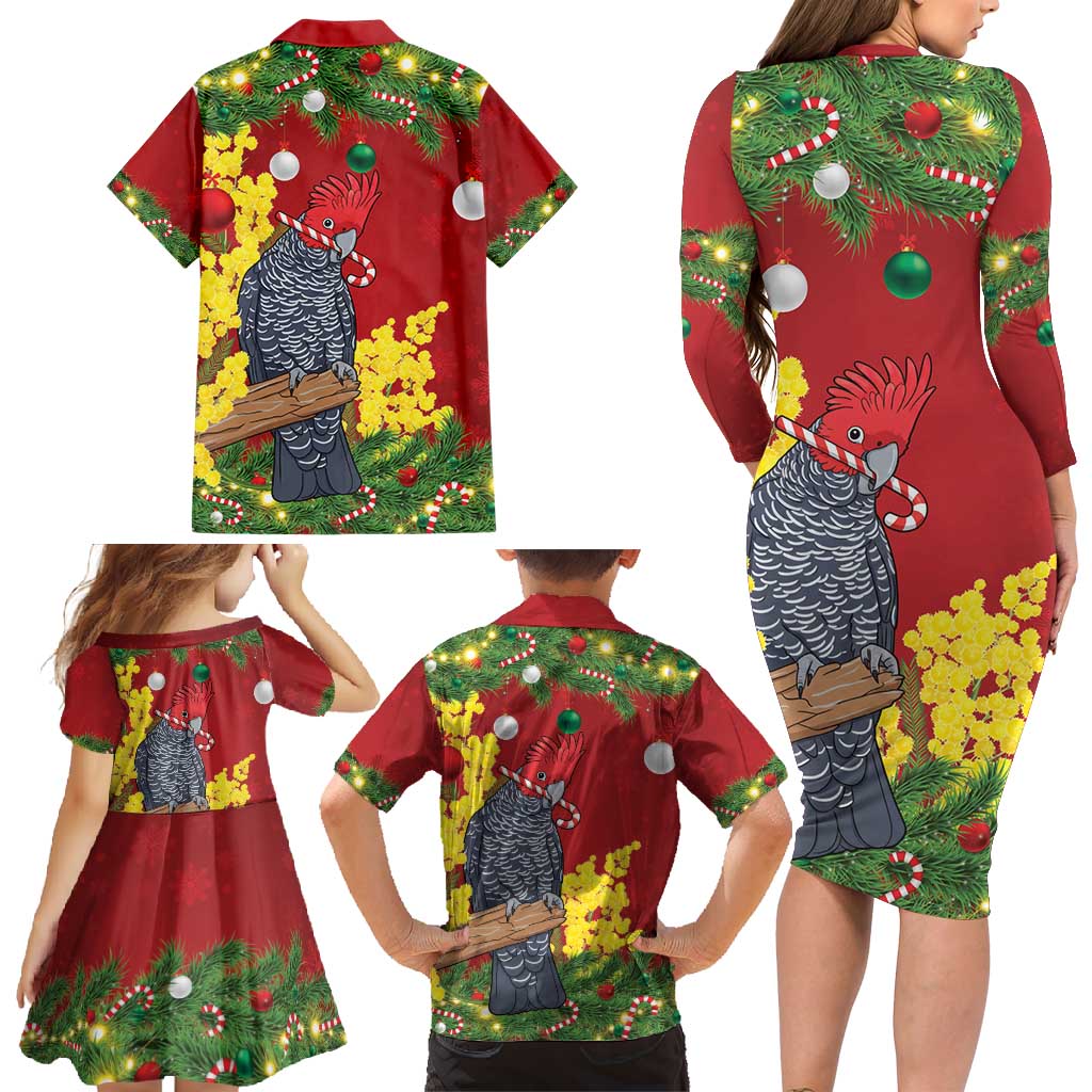 Australia Gang-gang Cockatoo Christmas Family Matching Long Sleeve Bodycon Dress and Hawaiian Shirt Callocephalon Fimbriatum Golden Wattle Red - Aussie Hoodie