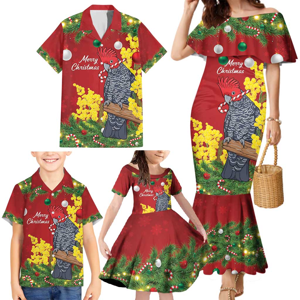 Australia Gang-gang Cockatoo Christmas Family Matching Mermaid Dress and Hawaiian Shirt Callocephalon Fimbriatum Golden Wattle Red - Aussie Hoodie
