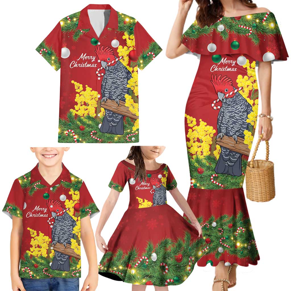 Australia Gang-gang Cockatoo Christmas Family Matching Mermaid Dress and Hawaiian Shirt Callocephalon Fimbriatum Golden Wattle Red - Aussie Hoodie