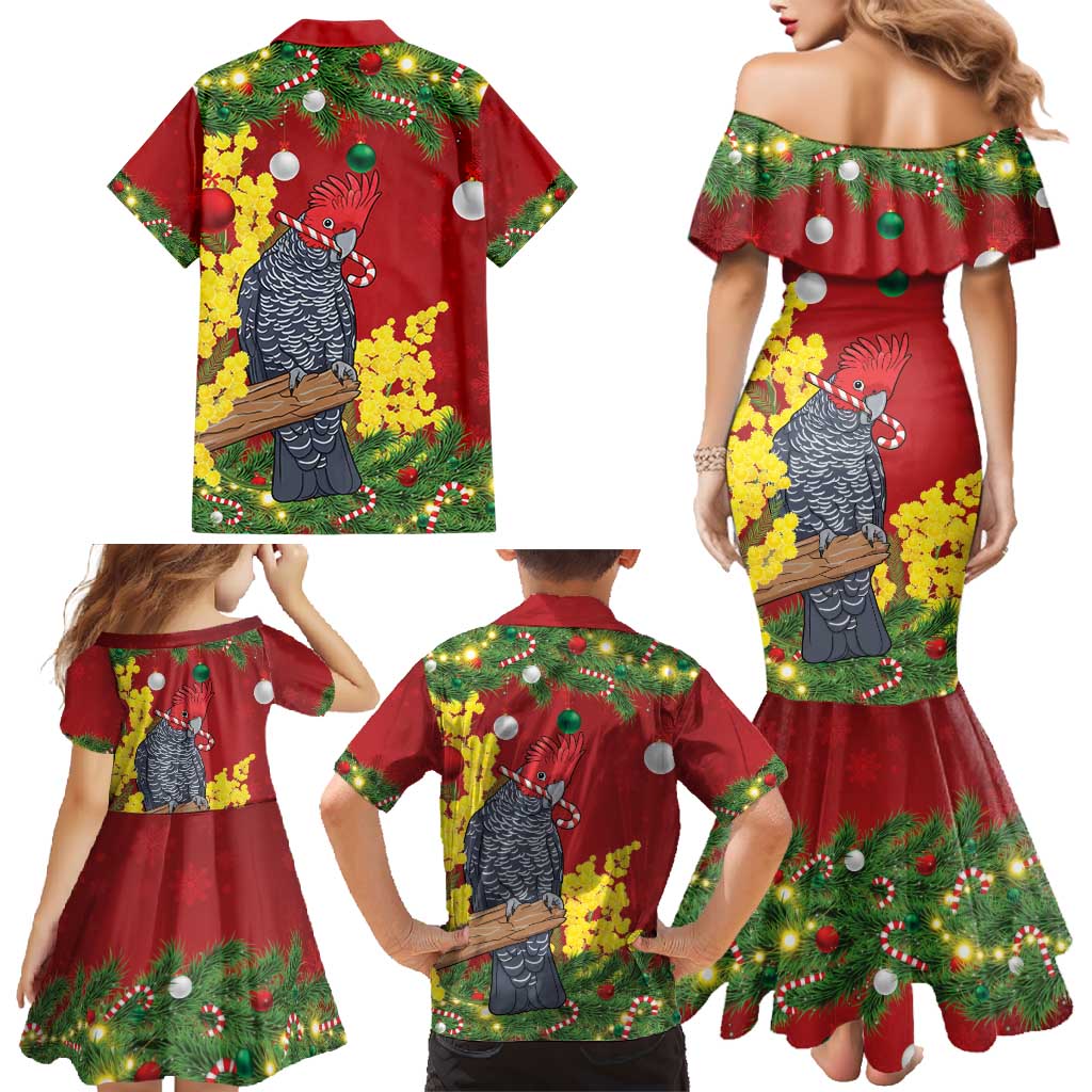 Australia Gang-gang Cockatoo Christmas Family Matching Mermaid Dress and Hawaiian Shirt Callocephalon Fimbriatum Golden Wattle Red - Aussie Hoodie