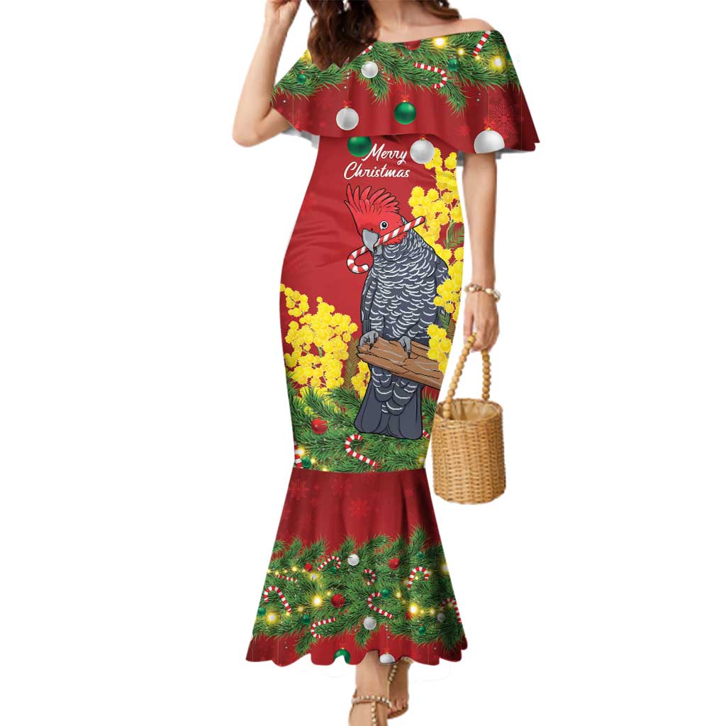 Australia Gang-gang Cockatoo Christmas Family Matching Mermaid Dress and Hawaiian Shirt Callocephalon Fimbriatum Golden Wattle Red - Aussie Hoodie