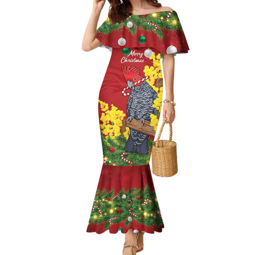 Australia Gang-gang Cockatoo Christmas Family Matching Mermaid Dress and Hawaiian Shirt Callocephalon Fimbriatum Golden Wattle Red - Aussie Hoodie