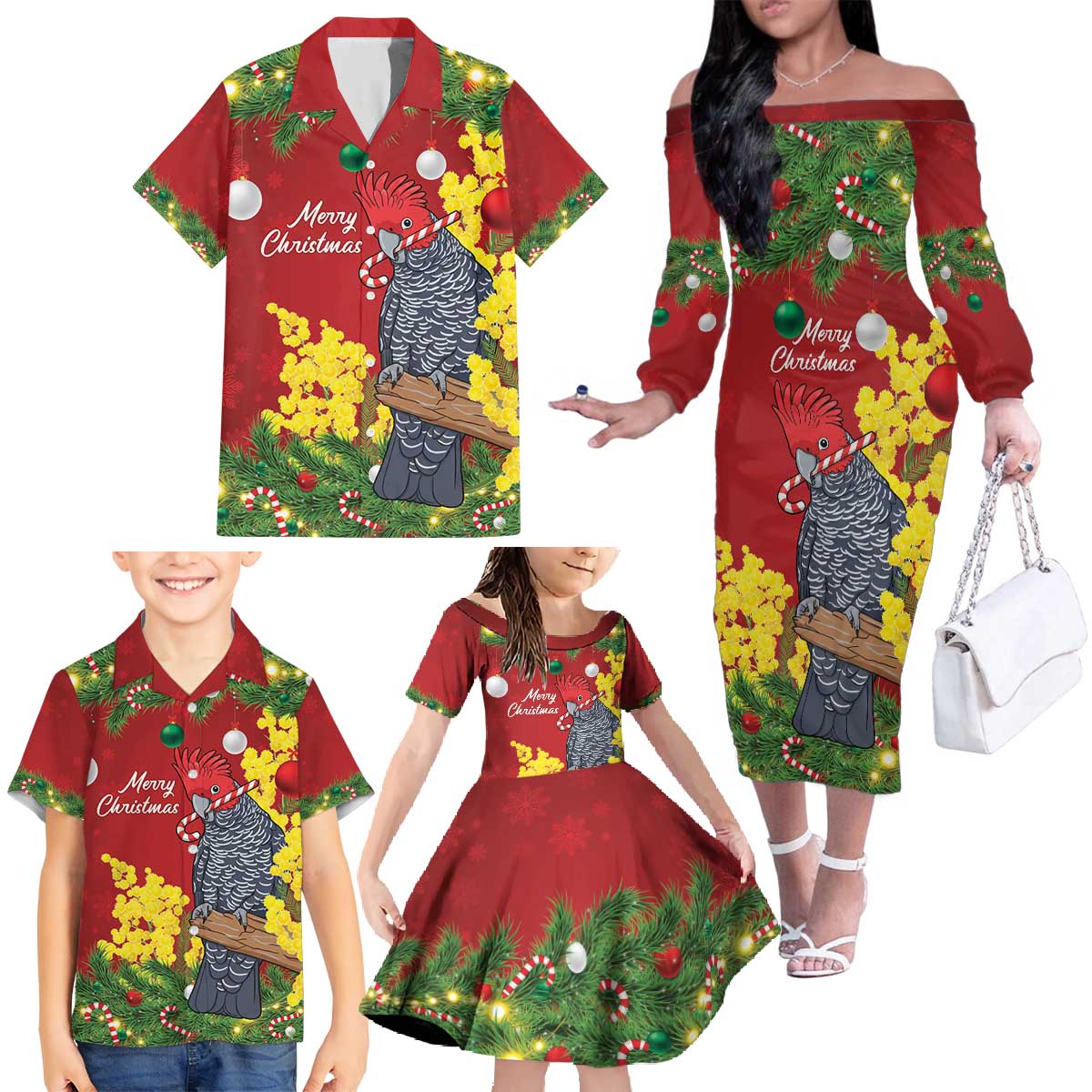 Australia Gang-gang Cockatoo Christmas Family Matching Off The Shoulder Long Sleeve Dress and Hawaiian Shirt Callocephalon Fimbriatum Golden Wattle Red - Aussie Hoodie