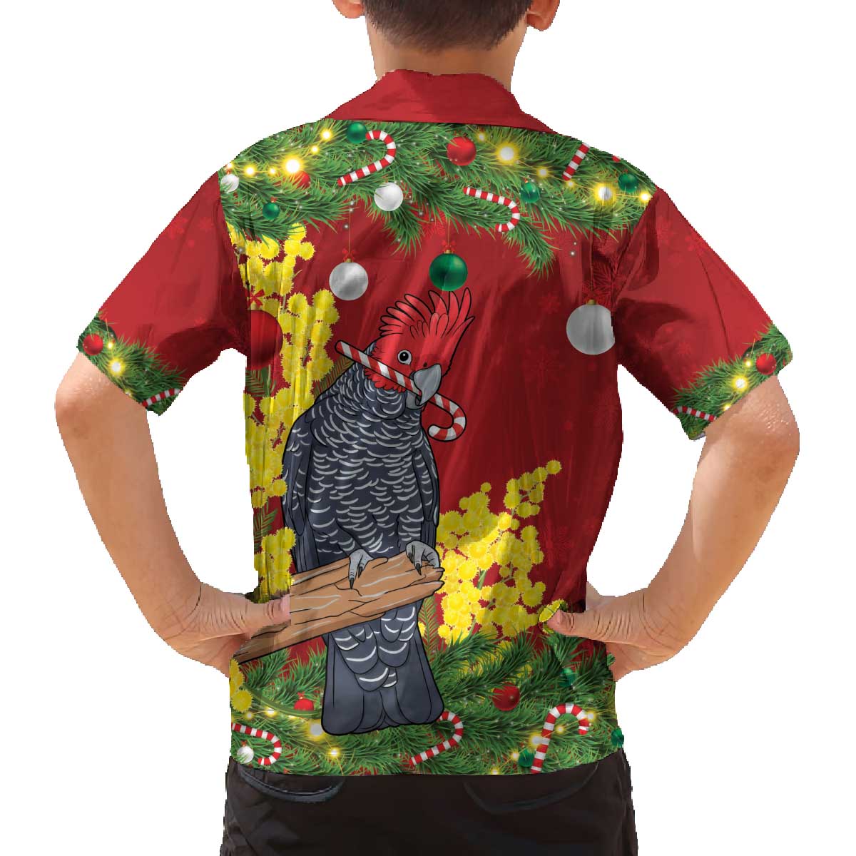 Australia Gang-gang Cockatoo Christmas Family Matching Off The Shoulder Long Sleeve Dress and Hawaiian Shirt Callocephalon Fimbriatum Golden Wattle Red - Aussie Hoodie