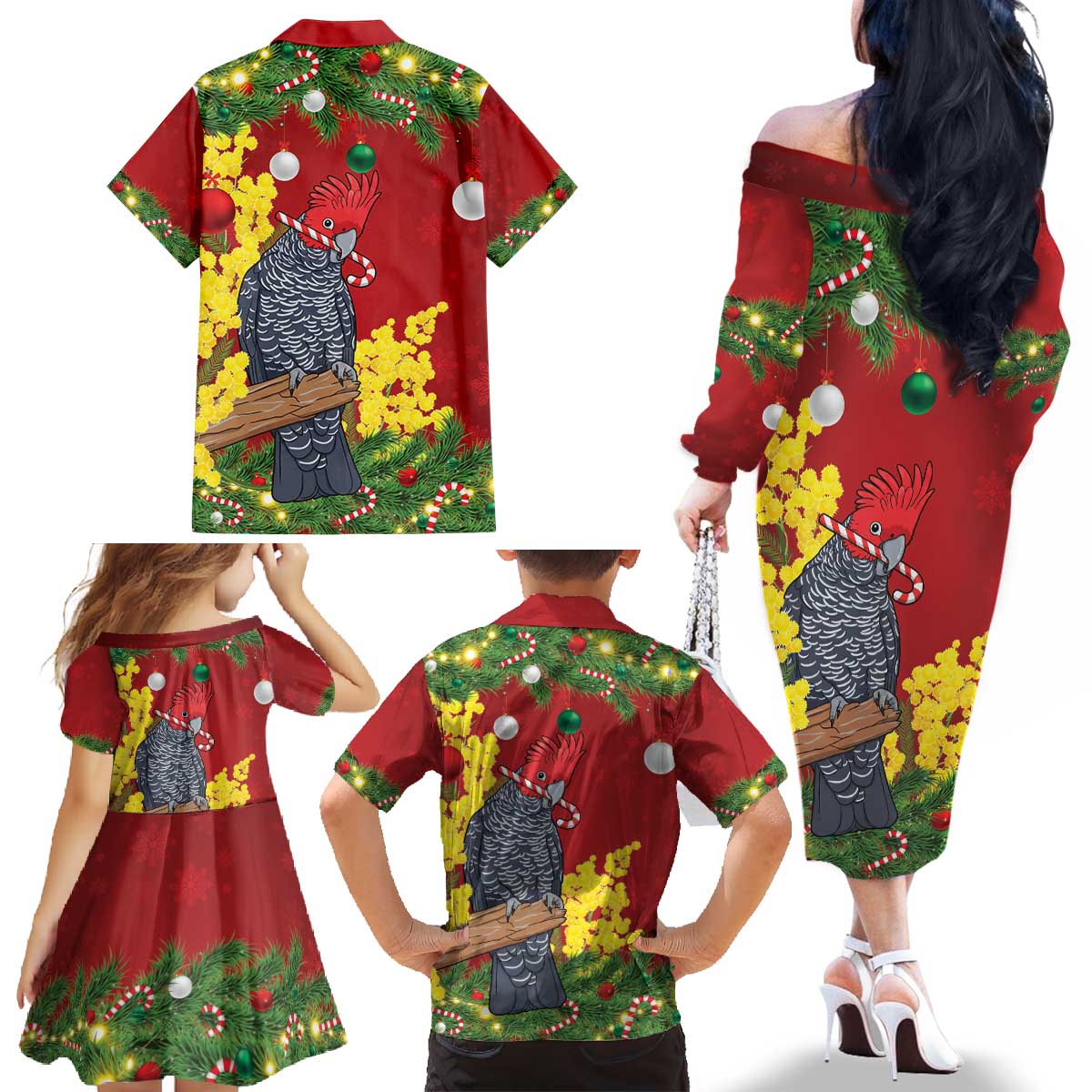Australia Gang-gang Cockatoo Christmas Family Matching Off The Shoulder Long Sleeve Dress and Hawaiian Shirt Callocephalon Fimbriatum Golden Wattle Red - Aussie Hoodie